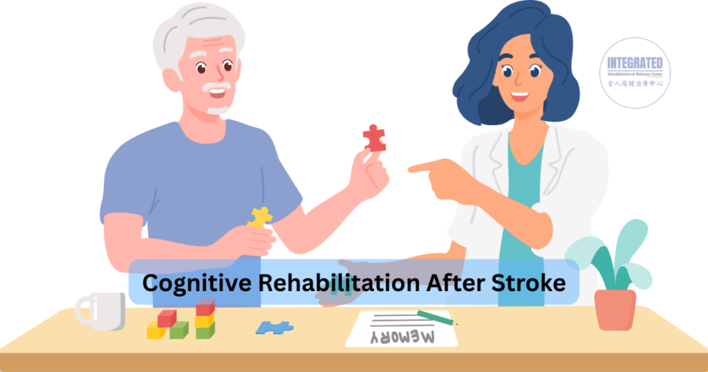 Illustration showing cognitive rehabilitation after stroke, with a therapist guiding problem-solving and memory cognitive training activities.